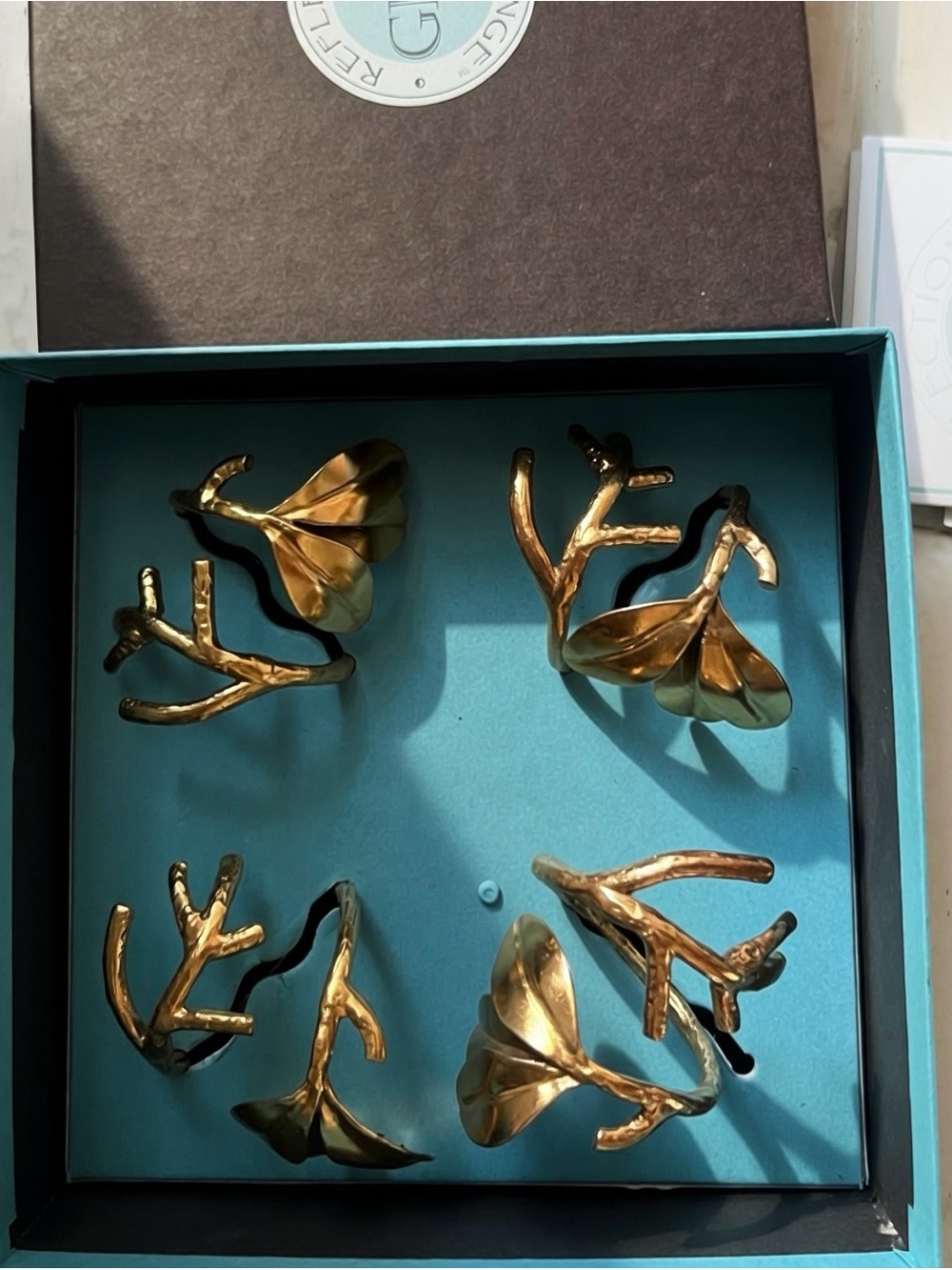 Grant-Dawson gold plated napkin rings, vintage 2008, open box- 2 sets of 4